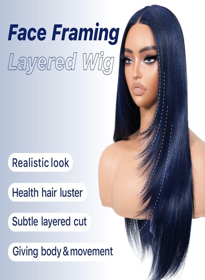 BrownBomb Dark Blue Wear and Go Glueless Wigs Pre Plucked Pre Cut for Beginners Synthetic Lace Front Wig for Woman Long layered Straight Wigs with Bangs 26 Inch 3 Seconds to Wear for Beginners - Image 2